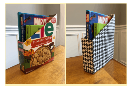 DIY book holder made from a cereal box.