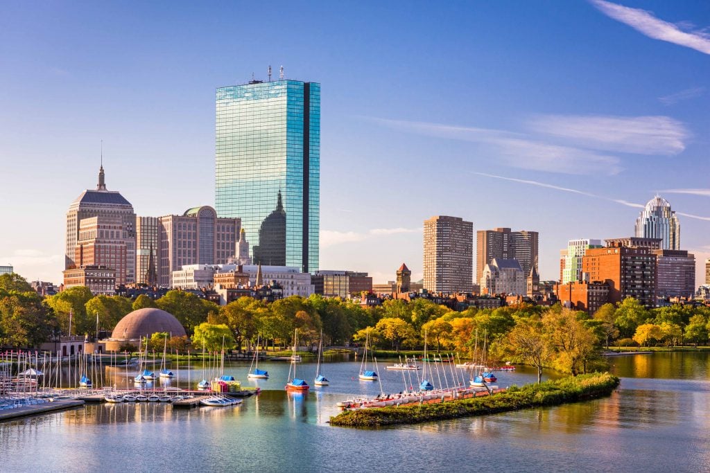 Boston, Massachusetts, USA city skyline on the river.