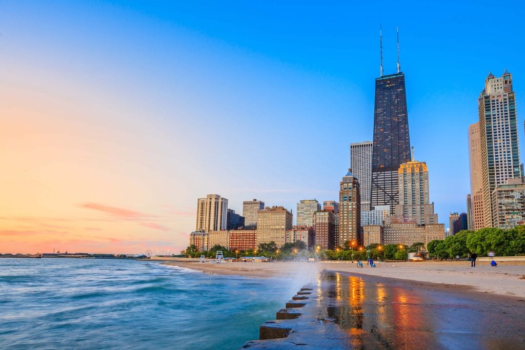 Chicago skyline during sunrise on the lake front