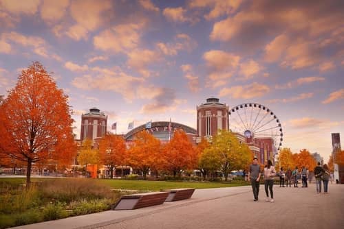 A fall view of the Navy Pier Ferris Wheel in Chicago