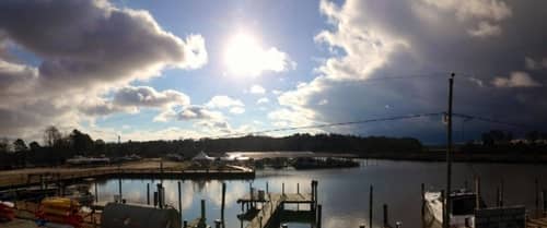 A partially sunny view of the James City County Marina in Williamsburg