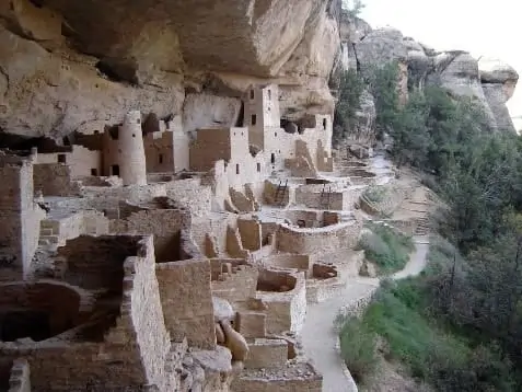 View of ancient cliff dwellings at Mesa Verde National Park in Colorado