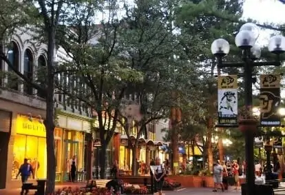 View of the Pearl Street Mall at dusk in Boulder