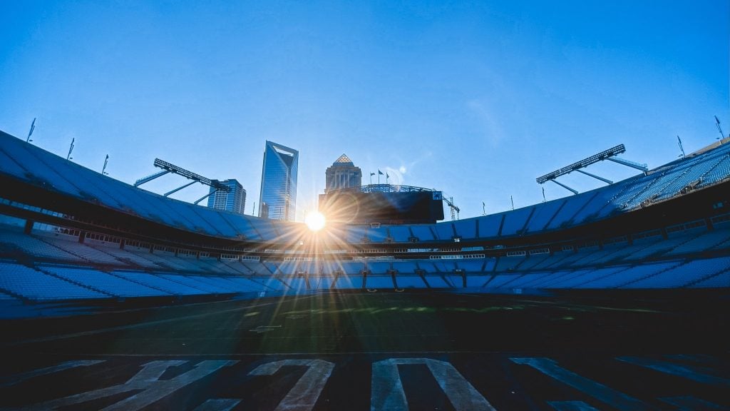 The sun sets over the Bank of America Stadium in Charlotte, North Carolina