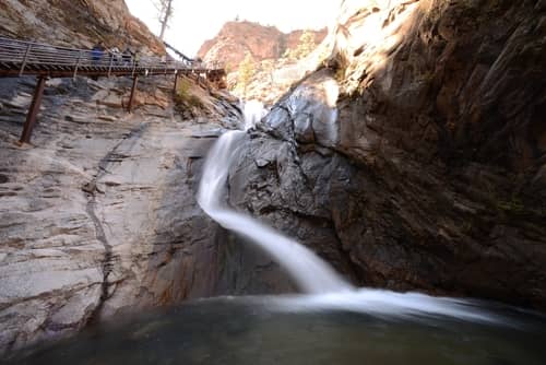 Sun illuminates the waterfalls at Broadmoor Seven Falls in Colorado