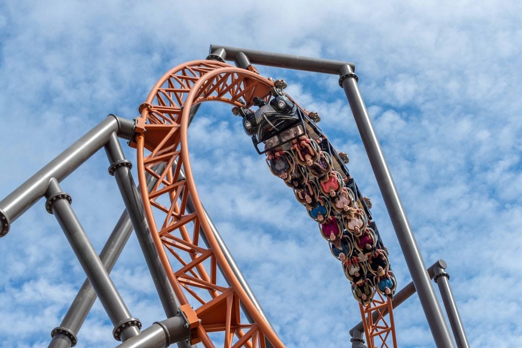 Visitors riding a roller coaster at Carowinds in Charlotte