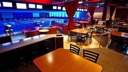 Tabels, chairs and bowling lanes at the Concourse Bowling Center in Anaheim California