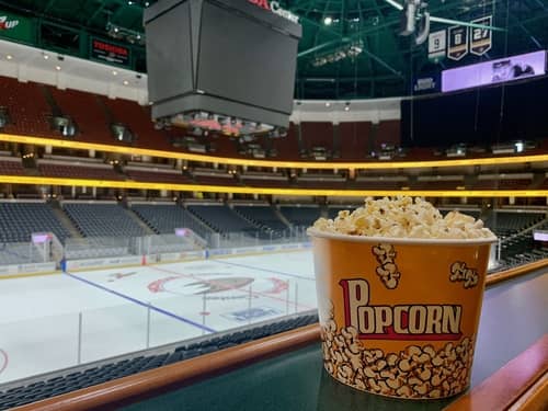 Popcorn and a view of the ice at the Honda Center stadium in California