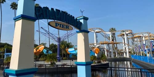 View of the roller coaster and water rides at Knott's Berry Farm in Anaheim