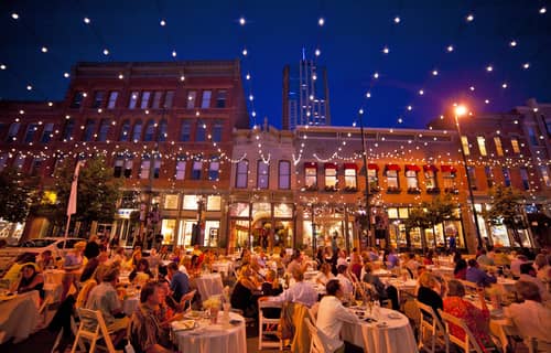 View of Denver’s popular Larimer Square at night