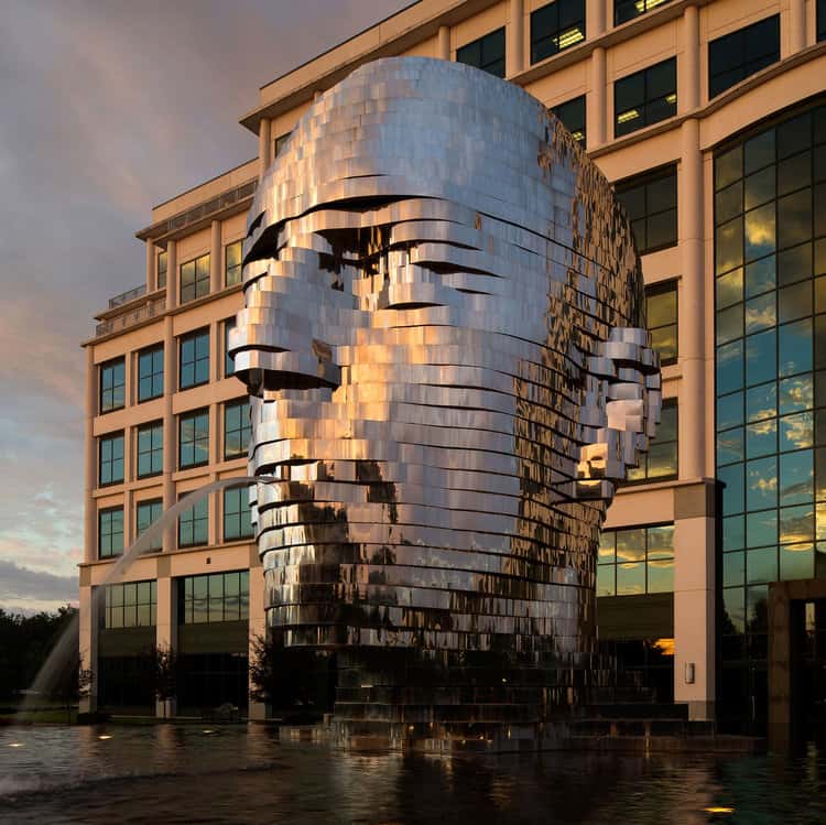 View of the Metalmorphosis statue in downtown Charlotte