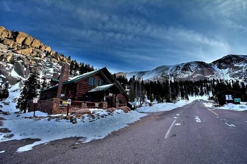 A snowy view of Pikes Peak Highway in Colorado