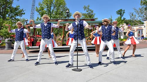 Performers singing and dancing at Worlds of Fun