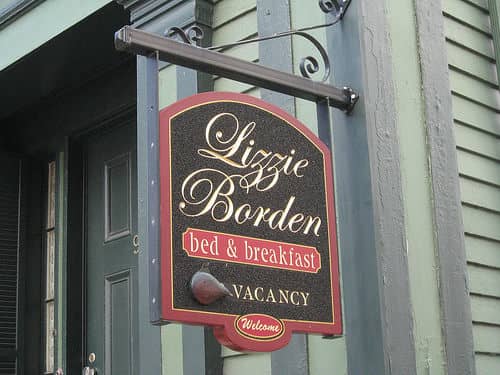 A sign hanging outside of the Lizzie Borden house 