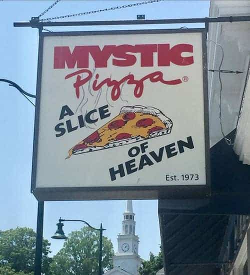 Sign hanging outside of Mystic Pizza in Connecticut 