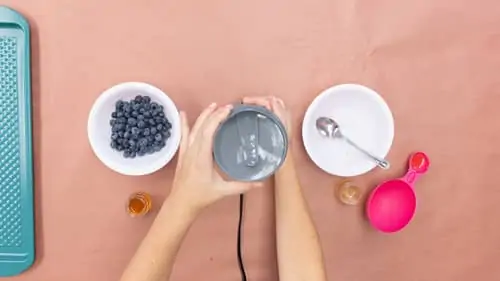 bowl of blueberries, blender, pink spoon and empty bowl