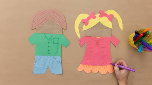 make puppets out of paper bag and colored construction paper - add details with pen