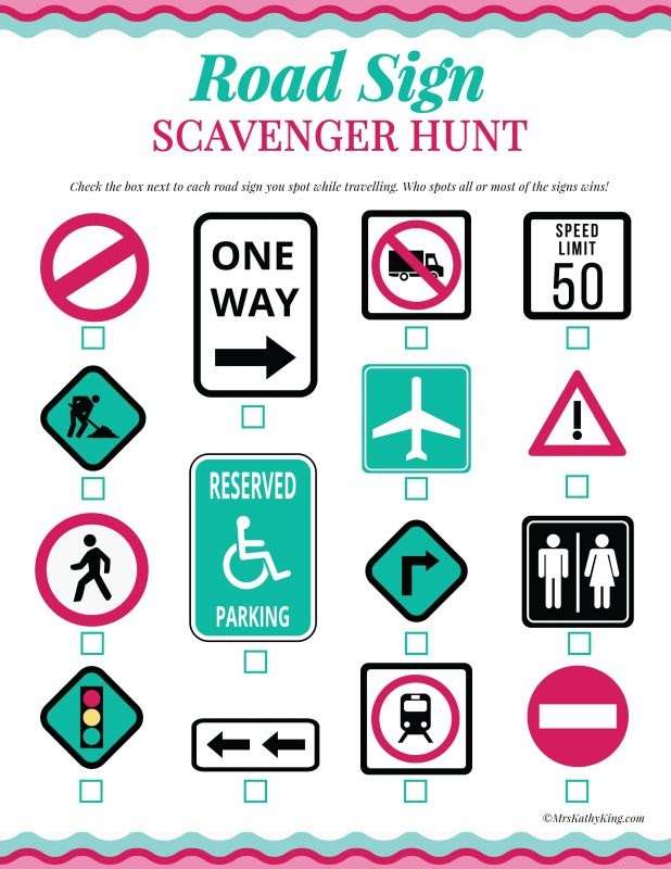 Road Sign Scavenger Hunt Printable List