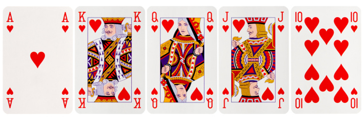 ace, king, queen, jack, 10 of hearts playing cards