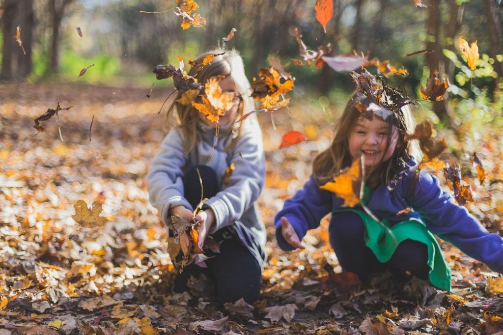 Kids playing in fall leaves