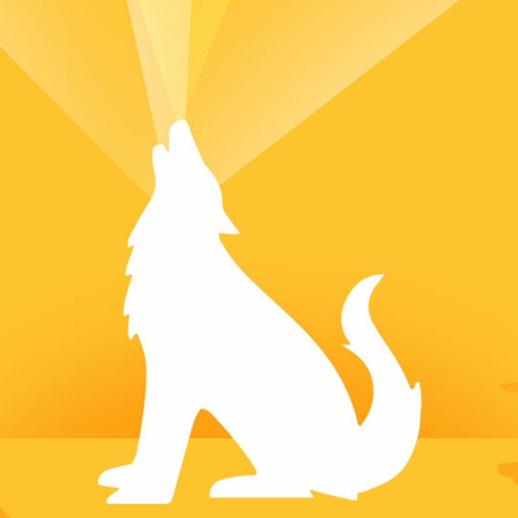 white wolf howling in front of yellow background