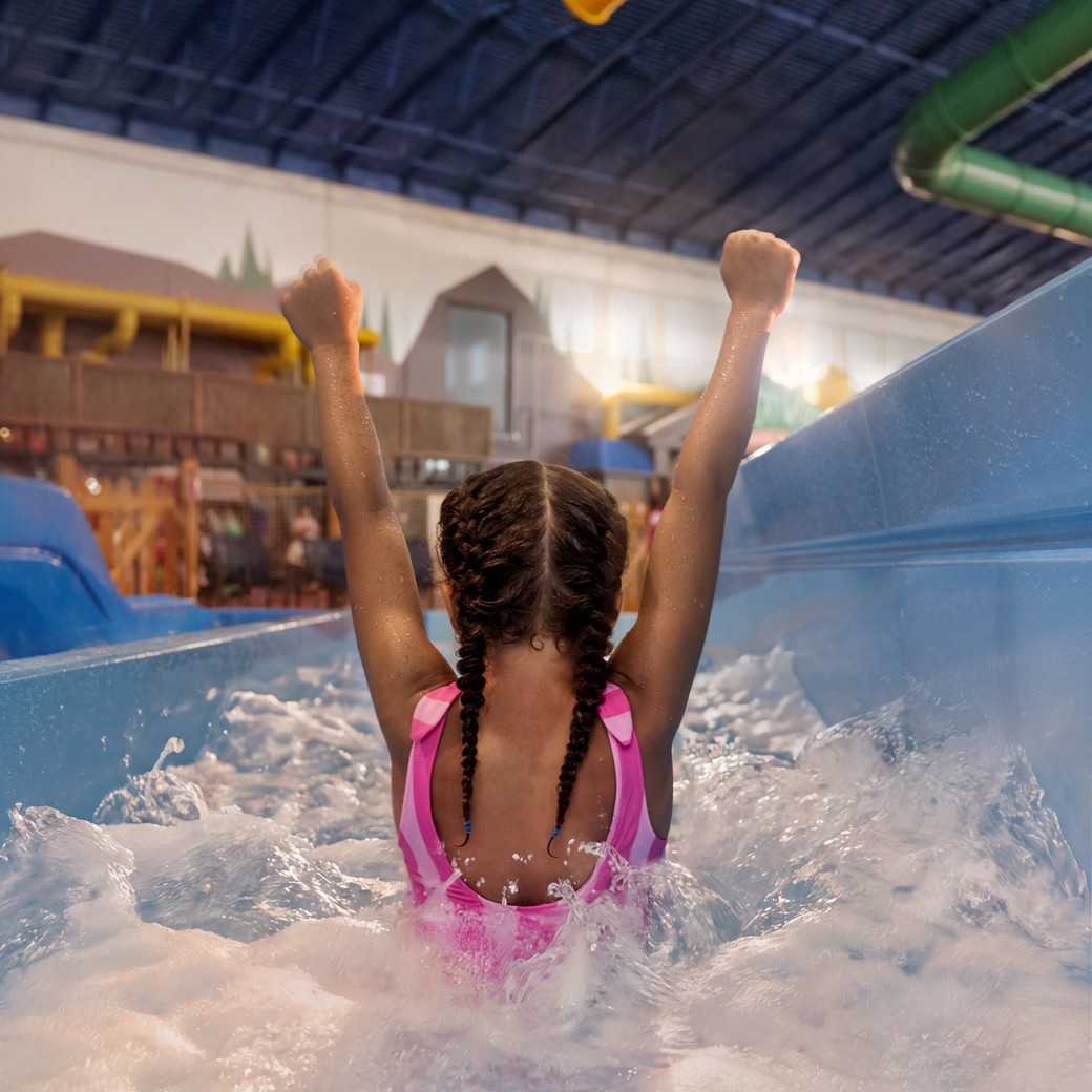 Child celebrating in foam water at indoor water park.