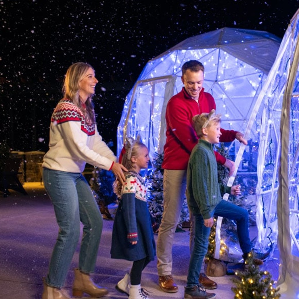 family entering a snow globe themed dining area