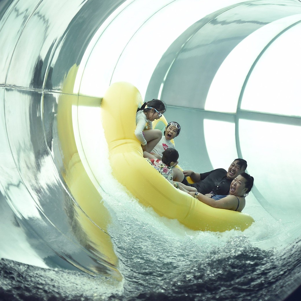 family riding on a tube comes down a water park ride