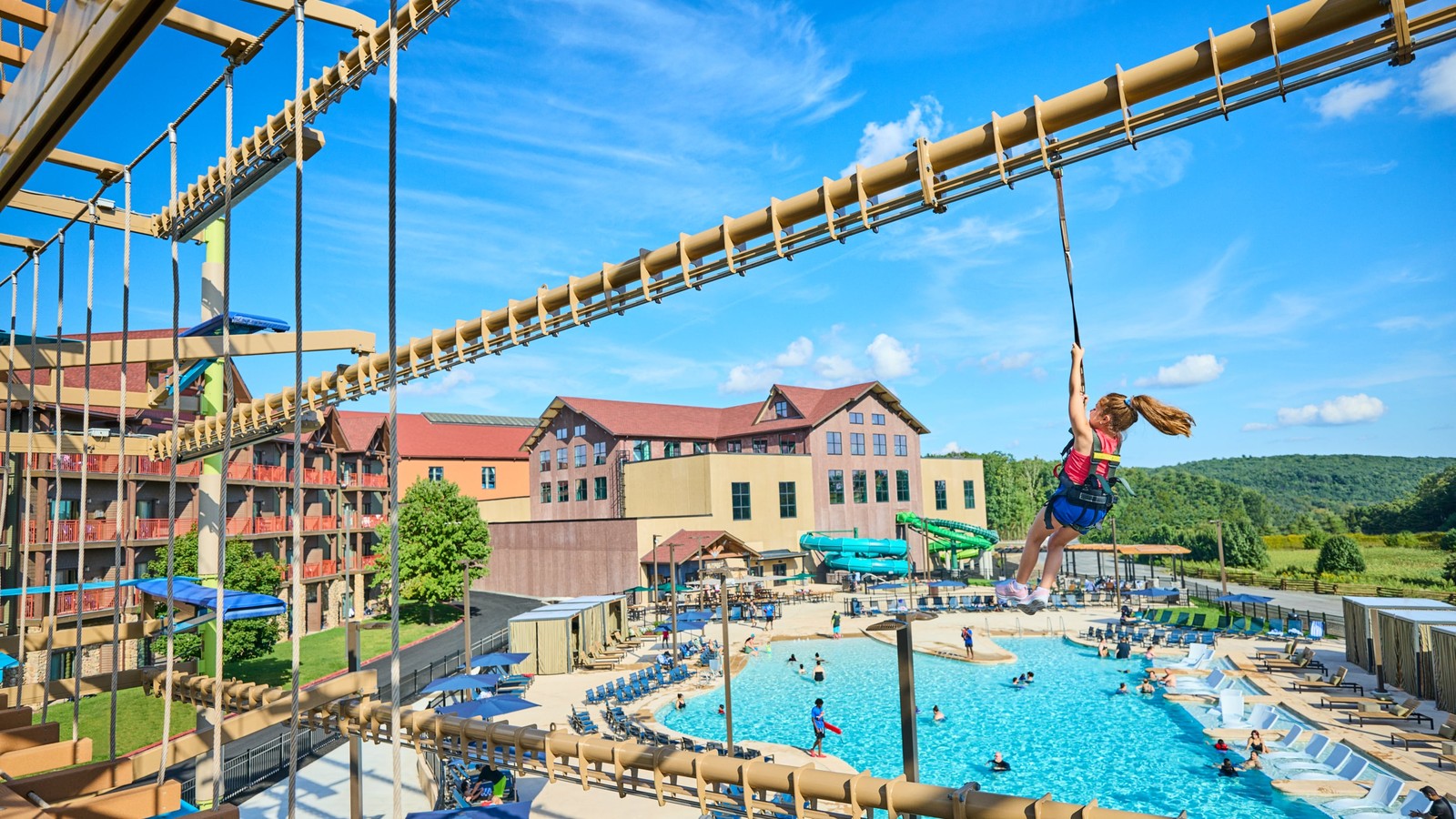 Great Wolf Resorts water park with rope course and pools