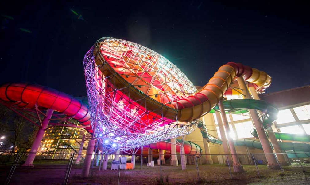 evening view of funnel water ride in grand mound resort