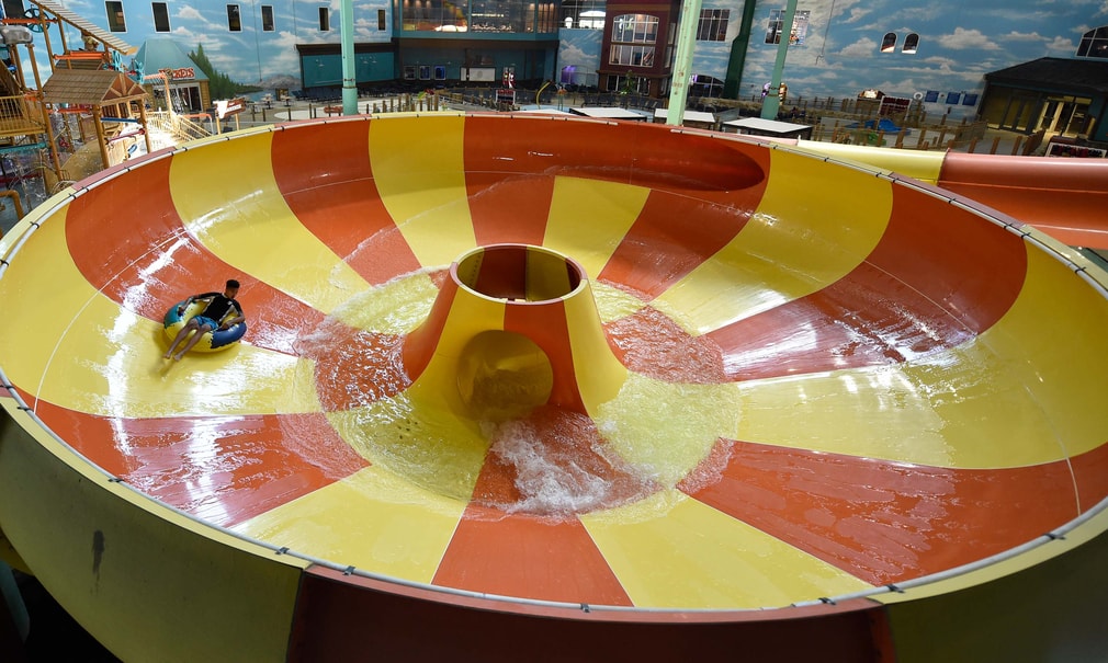 An aerial view of the open waterslide and surrounding park 