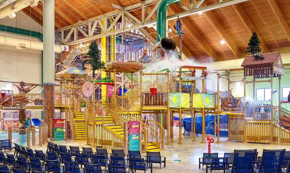 A wide shot of the water treehouse