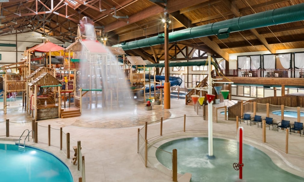 A wide shot of the water treehouse