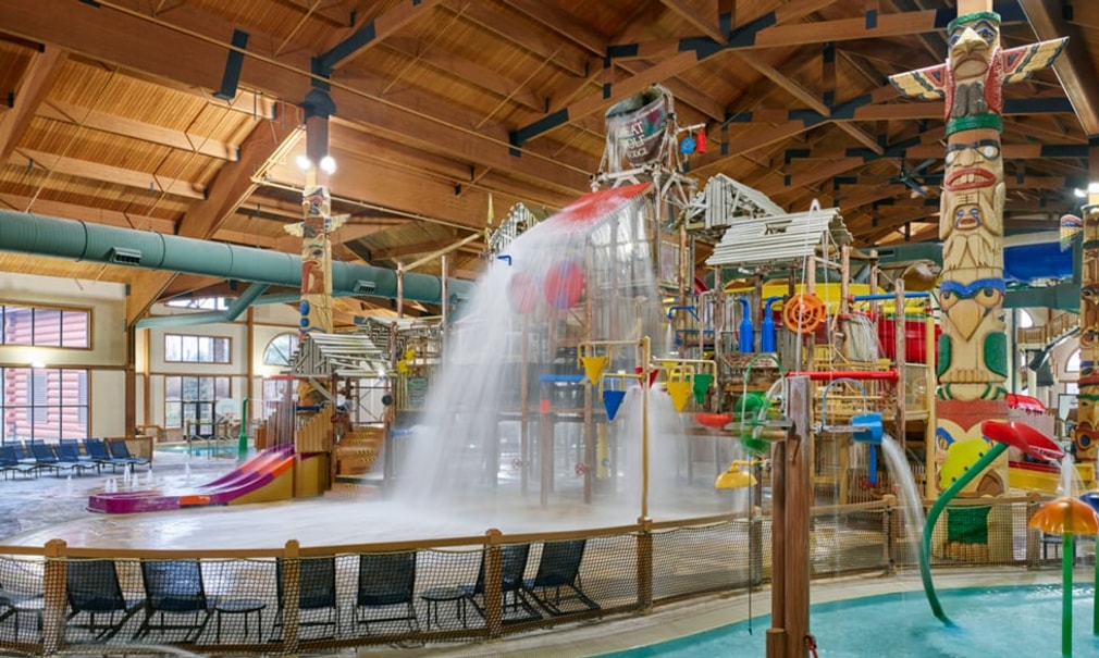 A wide shot of the water treehouse