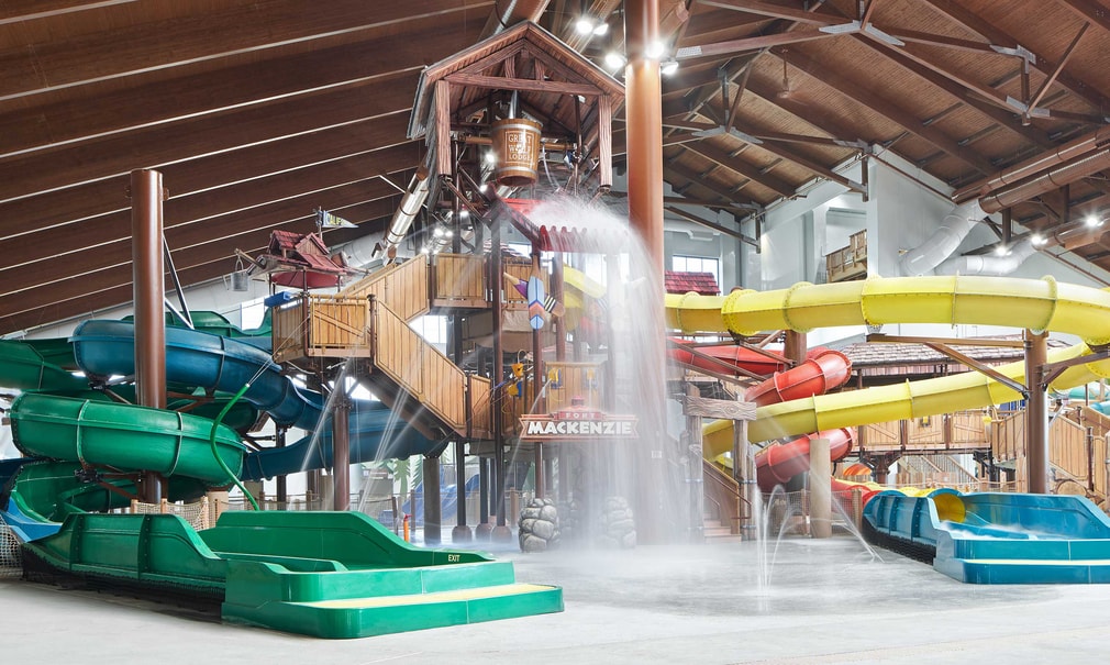 A wide shot of the water treehouse