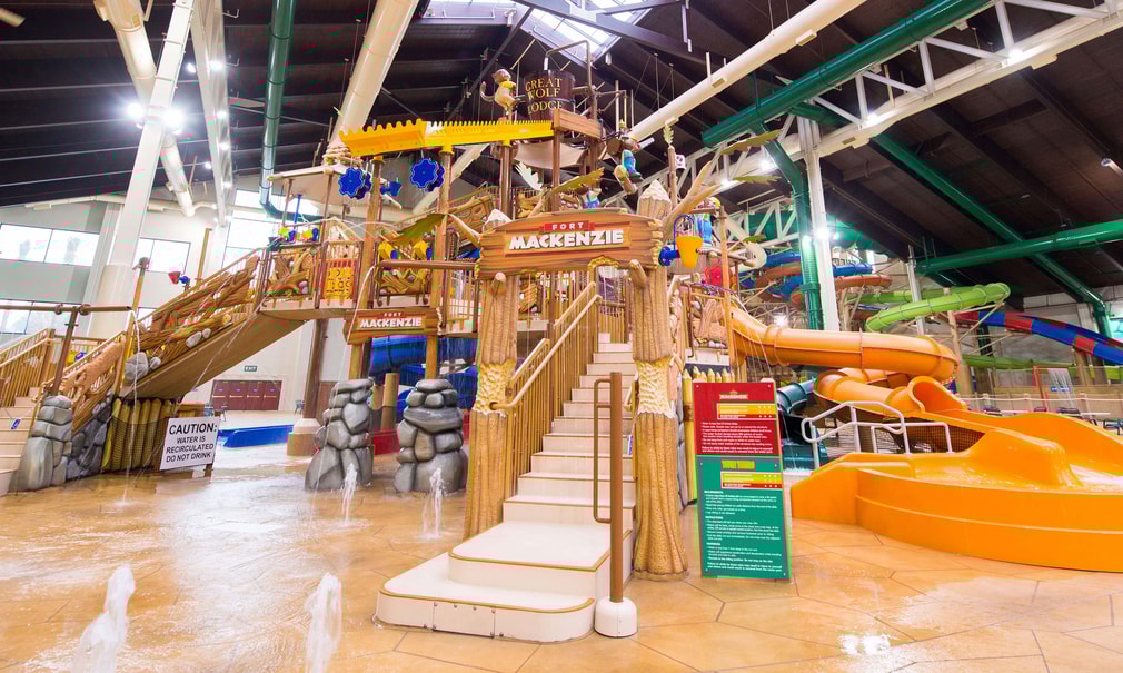 A wide shot of the water treehouse