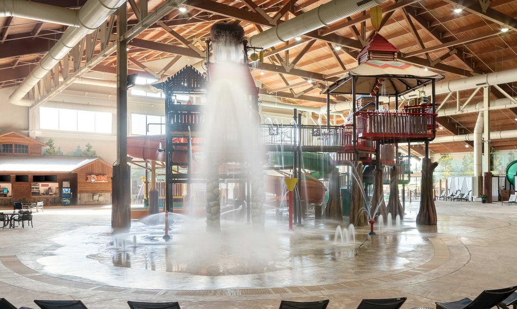 A wide shot of the water treehouse