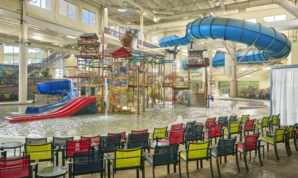 A wide shot of the water treehouse