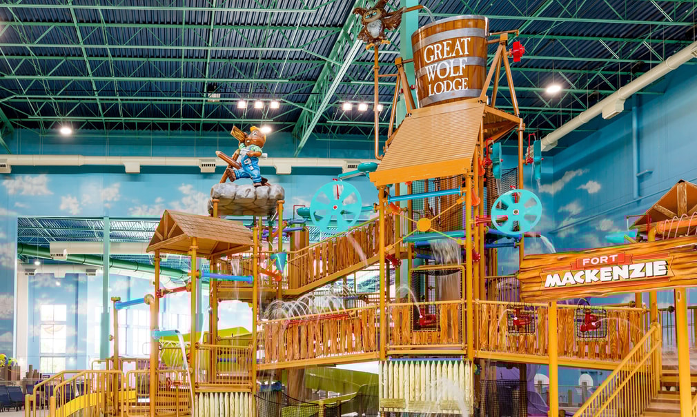 A wide shot of the water treehouse