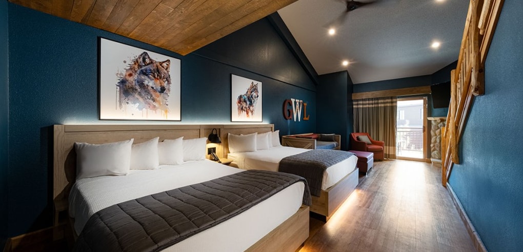 View of entrance to the woodland loft Suite at Great Wolf Lodge Niagara Falls, ON.