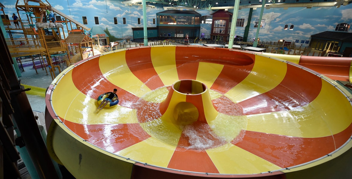 An aerial view of the open waterslide and surrounding park 