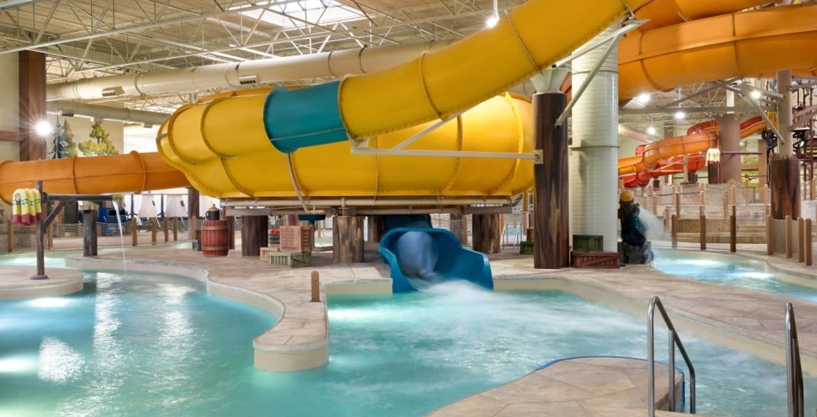 An aerial view of the open waterslide and surrounding park 