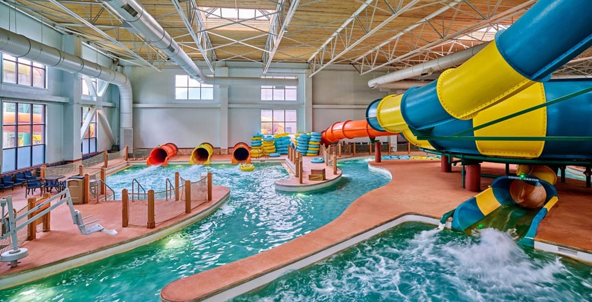 An aerial view of the open waterslide and surrounding park 