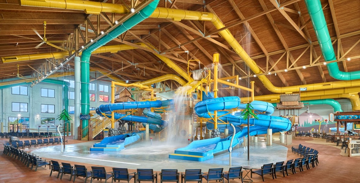 Wide view of otter cave indoor waterpark