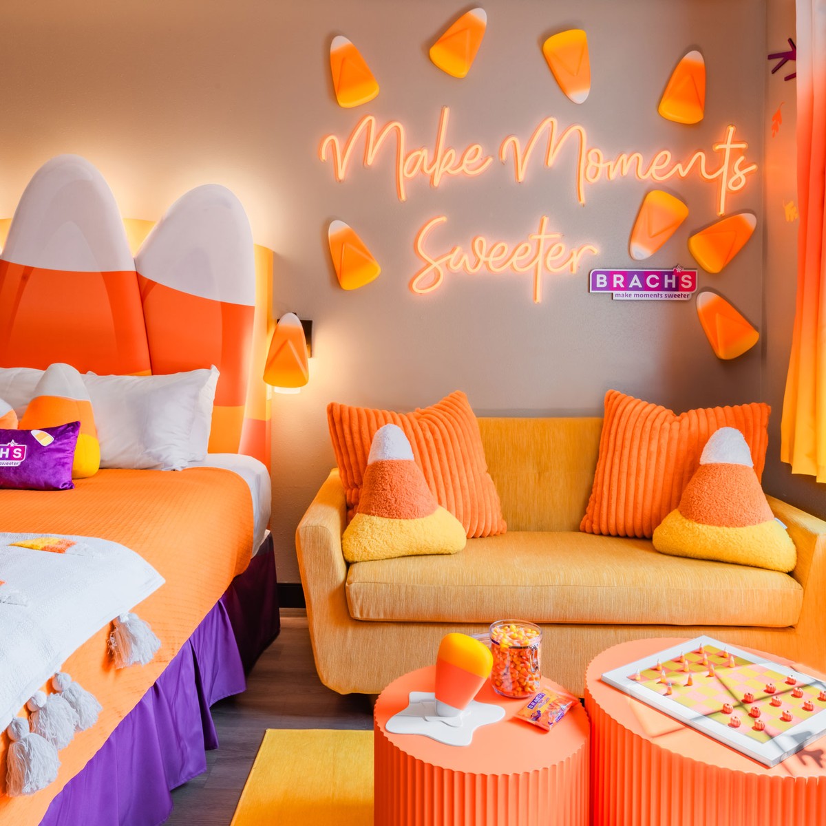 sofa with candy corn cushions