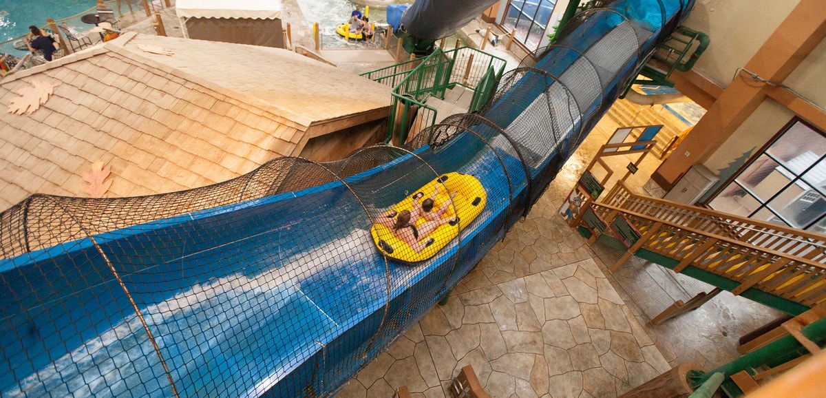 View of a yellow and blue water slide