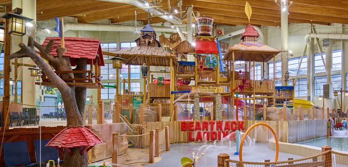 A wide shot of the water treehouse