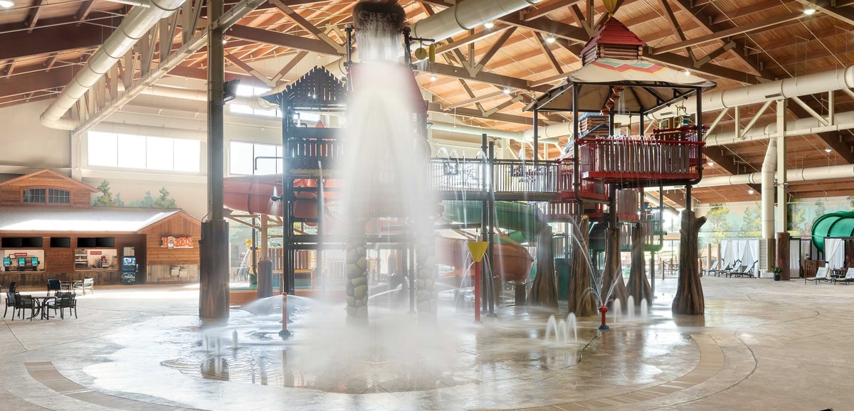 A wide shot of the water treehouse