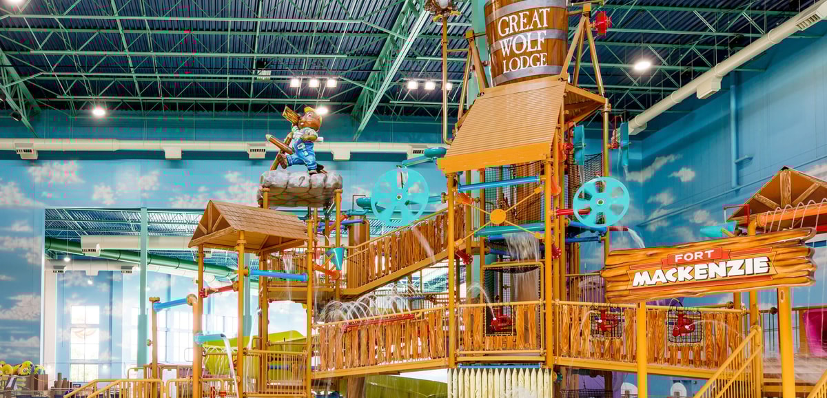 A wide shot of the water treehouse