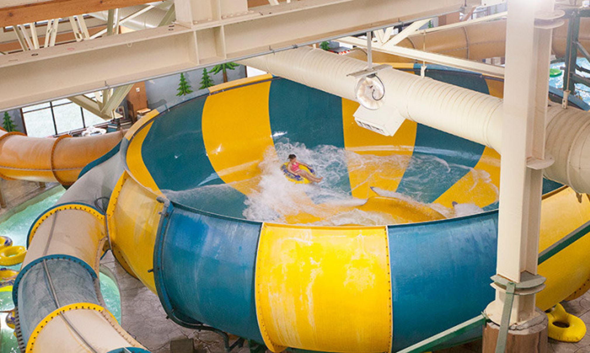 An aerial view of the open waterslide and surrounding park 